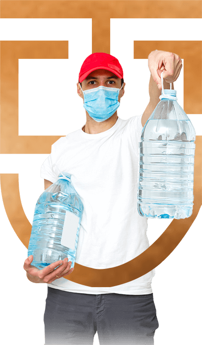 A Men Wearing Mask & Cap Holding Water Bottles In Both Hands
